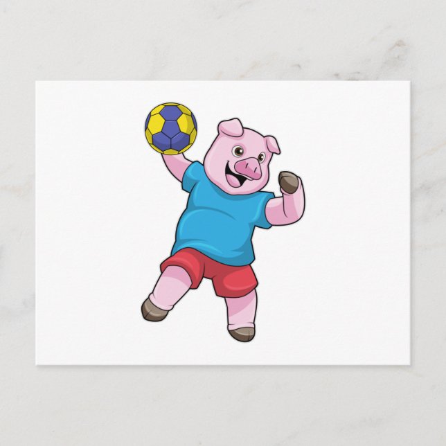 Carte Postale Cochon au Handball Sports (Devant)