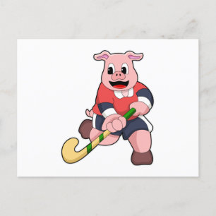 Carte Postale Cochon au hockey avec une batte de hockey
