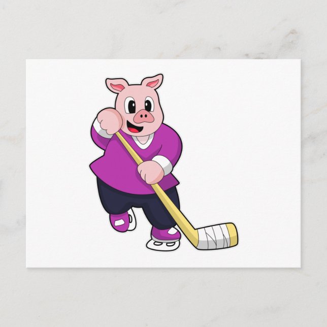 Carte Postale Cochon au hockey sur glace avec bâton de hockey su (Devant)