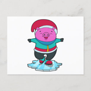 Carte Postale Cochon au patinage artistique avec patins à glace 