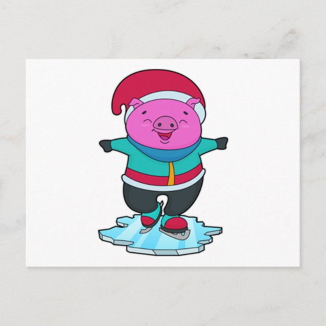 Carte Postale Cochon au patinage artistique avec patins à glace  (Devant)