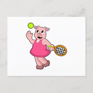 Carte Postale Cochon au tennis avec raquette de tennis