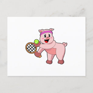 Carte Postale Cochon au tennis avec une raquette de tennis