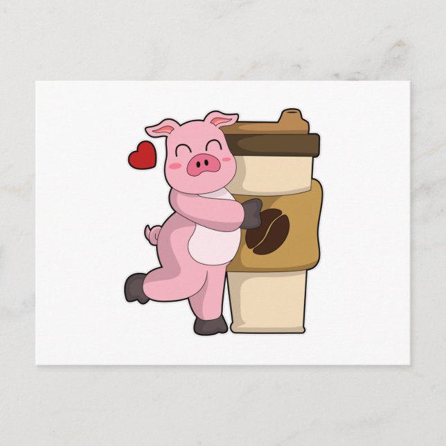 Carte Postale Cochon avec café à emporter (Devant)