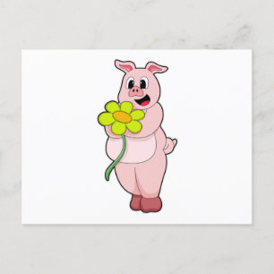 Carte Postale Cochon avec fleur jaune