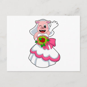 Carte Postale Cochon avec robe Mariage & Bunch of Flowers