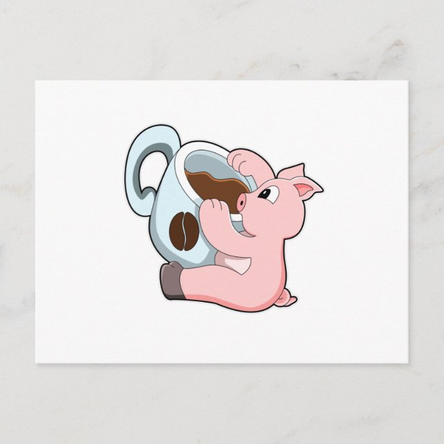 Carte Postale Cochon avec tasse de café (Devant)