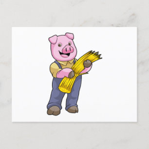 Carte Postale Cochon comme agriculteur avec paille