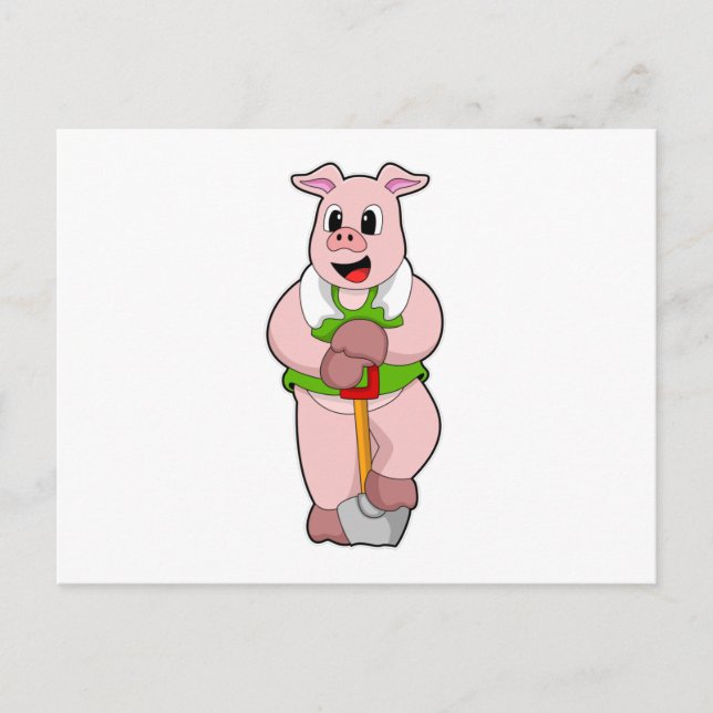 Carte Postale Cochon comme agriculteur avec pelle (Devant)