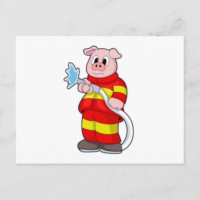 Carte Postale Cochon comme pompier avec tuyau (Devant)