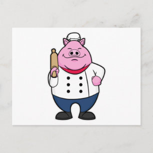 Carte Postale Cochon de cuisine avec rouleau à pâtisserie