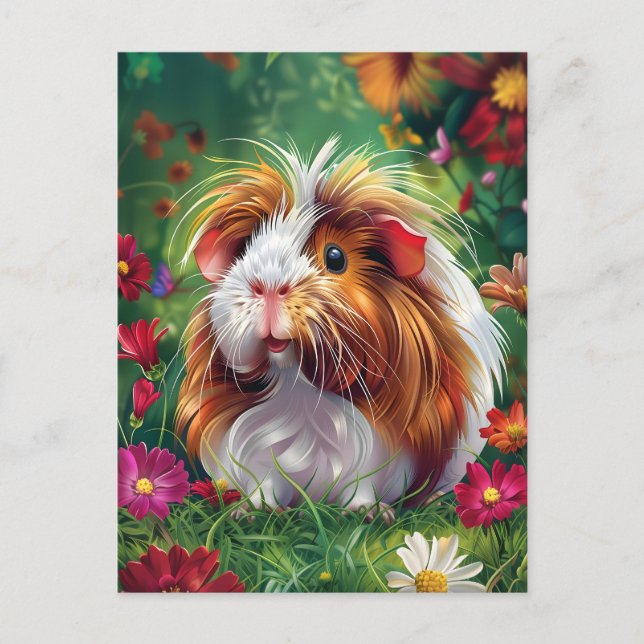 Carte Postale Cochon De Guinée À Long Fil Parmi Les Fleurs (Devant)