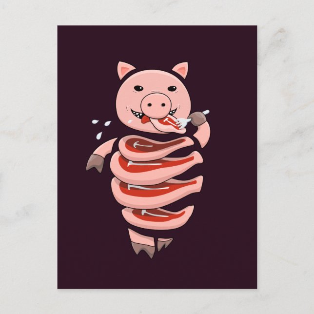 Carte Postale Cochon Drôle Manger Des Steaks De Lui-Même (Devant)