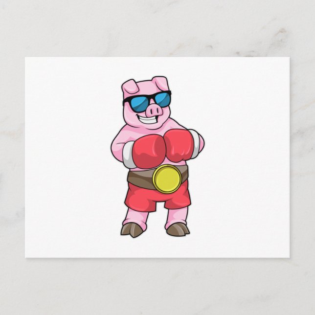 Carte Postale Cochon en boîte avec gants de boxe (Devant)
