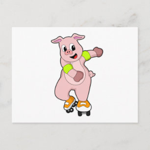 Carte Postale Cochon en patinage avec patins en ligne