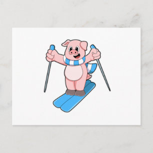 Carte Postale Cochon en skieur avec écharpe de ski et bâtons de 