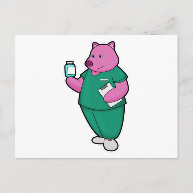 Carte Postale Cochon en tant qu'infirmière avec des médicaments (Devant)