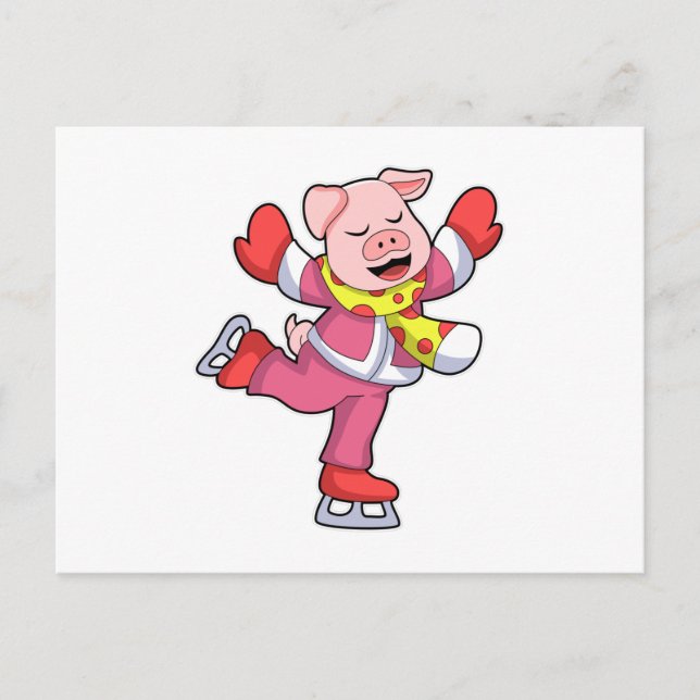Carte Postale Cochon faisant du patin à glace avec des patins à  (Devant)