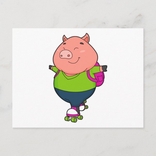 Carte Postale Cochon faisant du roller en ligne avec des rollers (Devant)