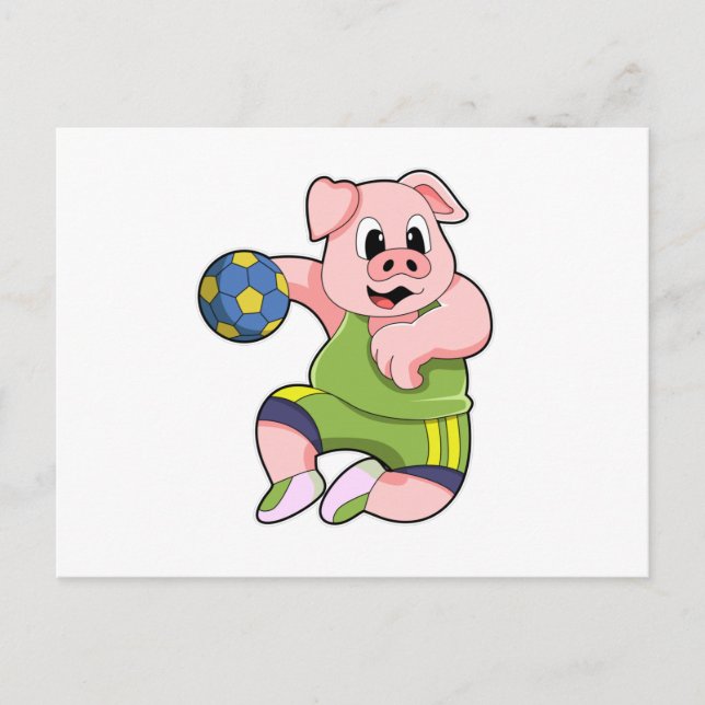 Carte Postale Cochon joueur de handball avec ballon de handball (Devant)