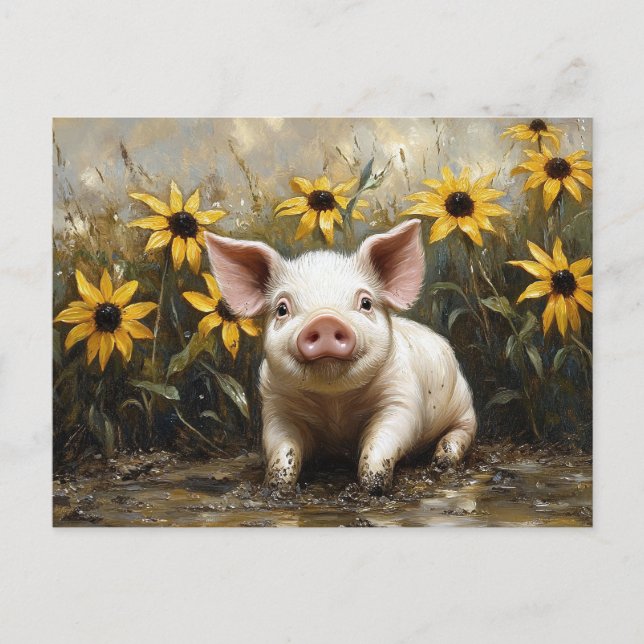 Carte Postale Cochon mignon dans la boue (Devant)