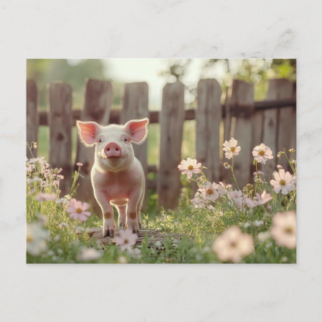 Carte Postale Cochon mignon dans le jardin fleuri (Devant)