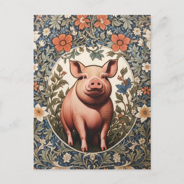 Carte Postale Cochon Mignon Inspiré de William Morris (Devant)