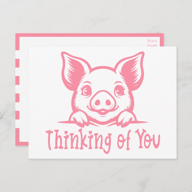 Carte Postale Cochon mignon qui pense à toi, Miss You, Pink Pigl (Devant / Derrière)
