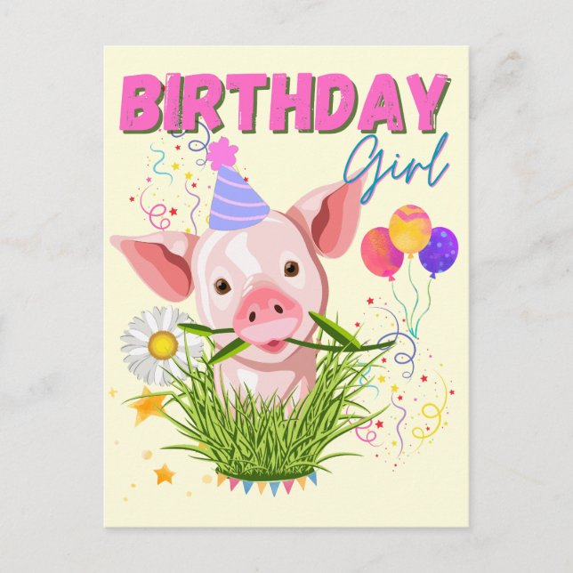 Carte Postale Cochon Porcelet Anniversaire Rose Fille Amateurs d (Devant)