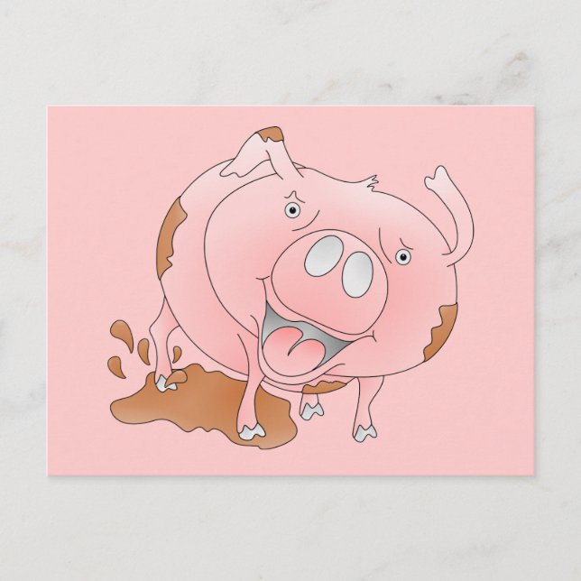 Carte Postale Cochon rose éclaboussant dans la boue (Devant)