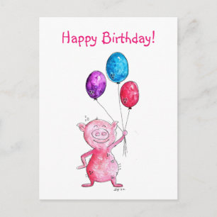 Carte Postale Cochon Rose Fantaisiste avec Ballons