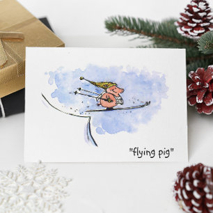 Carte Postale Cochon Volant - Cochon Athlète de Saut à Ski Cool