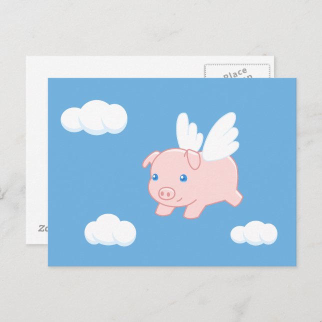 Carte Postale Cochon volant - Cochon mignon avec ailes (Devant / Derrière)
