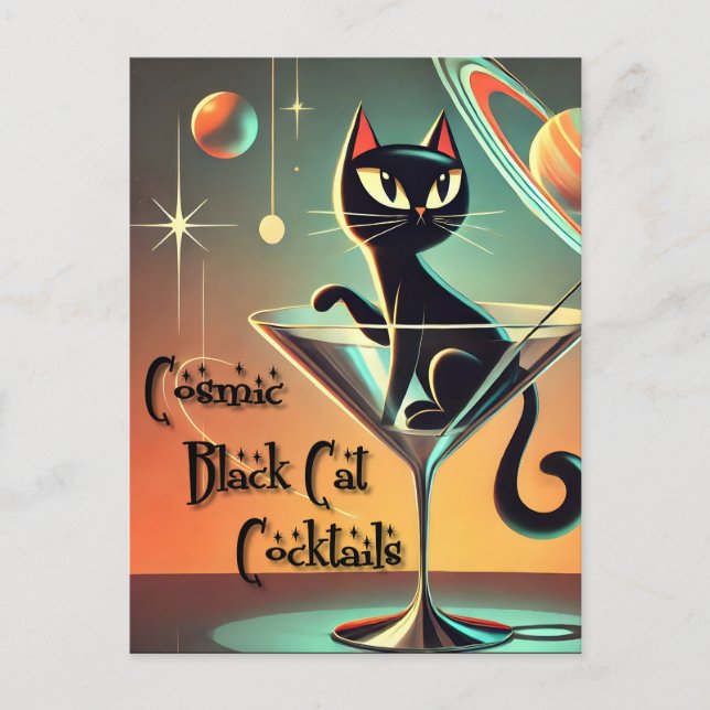 Carte Postale Cocktails de chat noir cosmique futuriste atomique (Devant)
