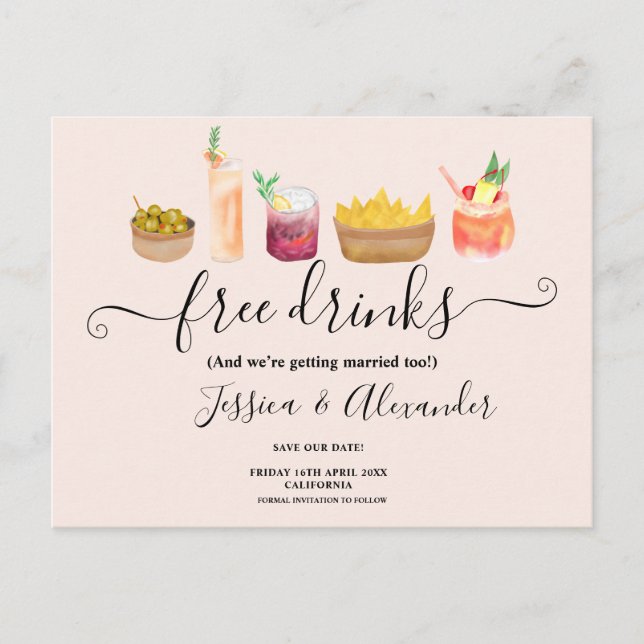 Carte Postale cocktails modernes aquarelle blush enregistrer la  (Devant)