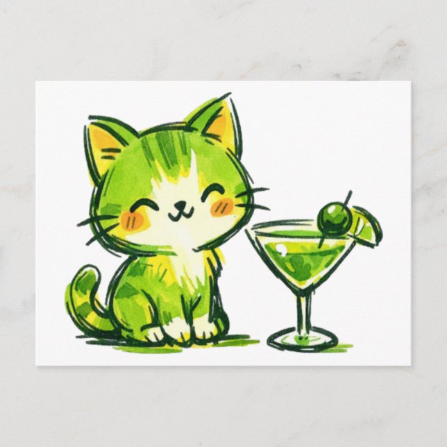 Carte Postale Cocktails verts et chats (Devant)