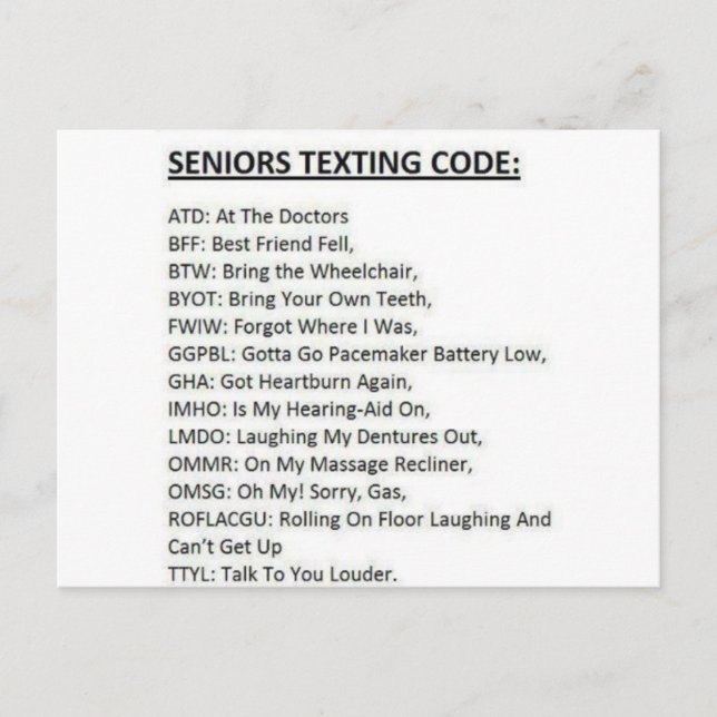 Carte Postale Code de textage pour seniors (Devant)