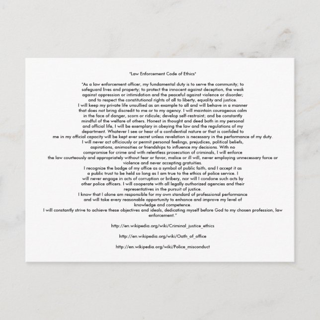 CARTE POSTALE CODE D'ÉTHIQUE DE L'APPLICATION DE LA LOI (Devant)
