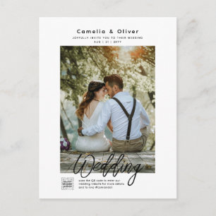 Carte Postale CODE QR DE PHOTO DE MARIAGE MINIMALISTE Blanc & No