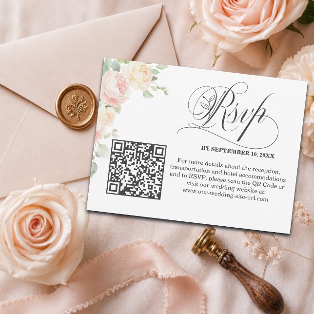 Carte Postale Code QR de réponse au mariage de roses douces élég (Créateur téléchargé)