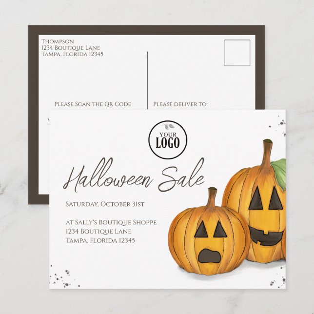 Carte Postale Code QR Halloween Citrouille de promotion d'entrep (Devant / Derrière)