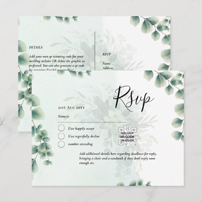 Carte Postale CODE QR RSVP Feuilles d'Eucalyptus Végétation Mari (Devant / Derrière)