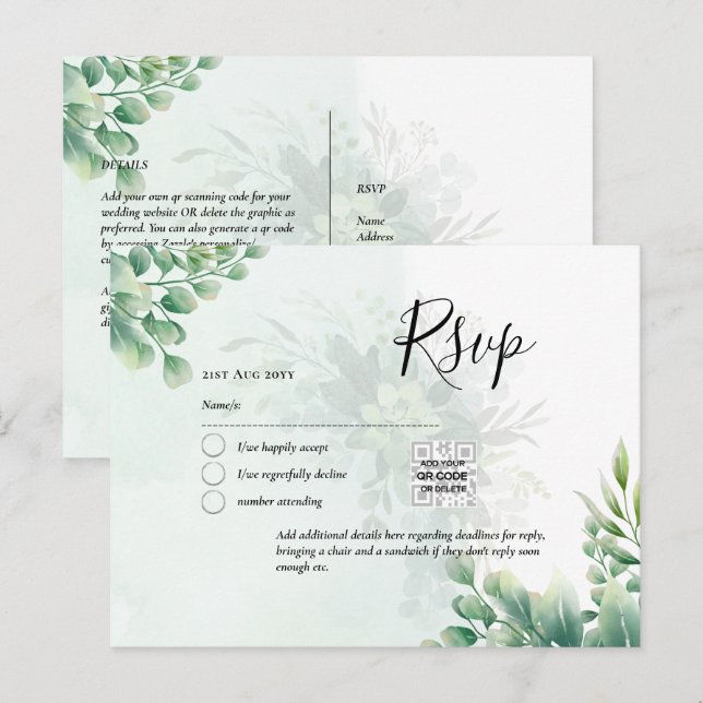 Carte Postale CODE QR RSVP Feuilles d'Eucalyptus Végétation Mari (Devant / Derrière)