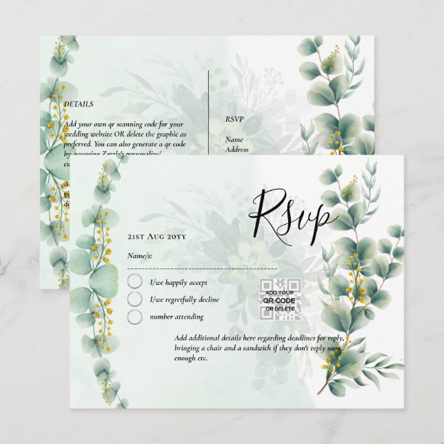 Carte Postale CODE QR RSVP Feuilles d'Eucalyptus Végétation Mari (Devant / Derrière)
