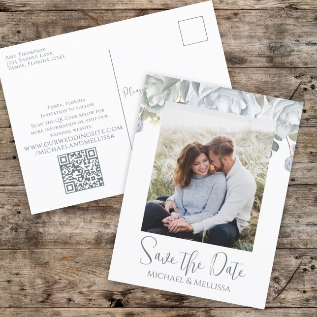 Carte Postale Code QR simple Dusty Blue Floral Mariage (Créateur téléchargé)
