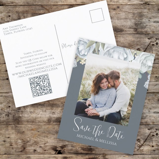 Carte Postale Code QR simple élégant bleu bleu floral Mariage (Créateur téléchargé)