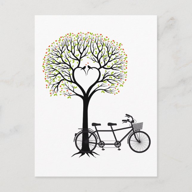 Carte Postale Coeur arbre avec oiseaux et tandem vélo (Devant)