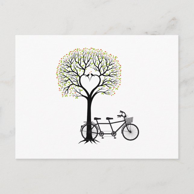 Carte Postale Coeur arbre avec oiseaux et tandem vélo (Devant)