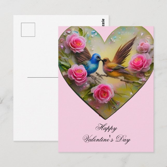 Carte Postale Cœur avec des fleurs roses et oiseaux Saint-Valent (Devant / Derrière)