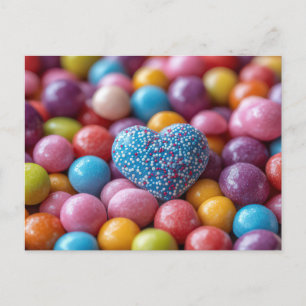 Carte Postale Coeur bleu avec chocolat Saint-Valentin